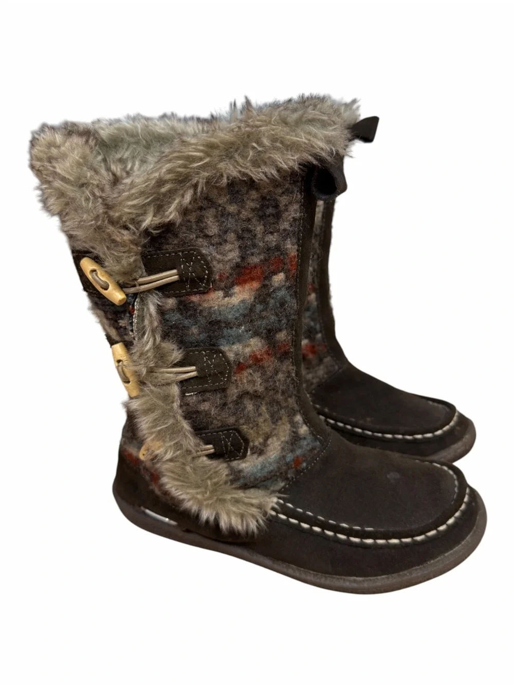 Woolrich Suede Wool Blend Fur Sherpa Winter Boots Aztec Toggle Mid Calf Size 7